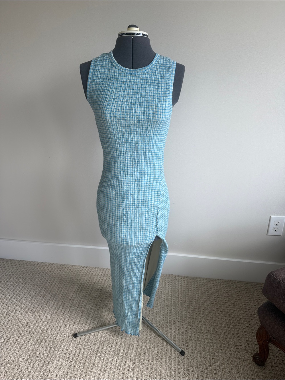 Aritzia Wilfred Sleeveless Light Blue Ribbed Maxi Dress with Side Slit